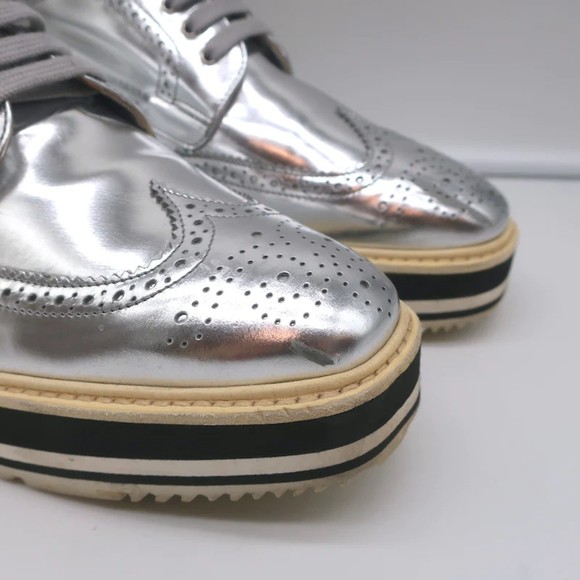Prada Platform Wingtip Brogues Silver Metallic Leather Size 41 - Picture 2 of 12